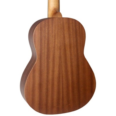 Parte traseira de guitarra acústica em madeira castanha com textura natural