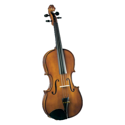 Violino em madeira castanha com quatro cordas e cravelhas pretas