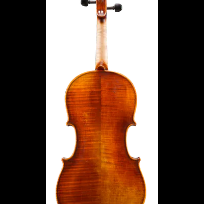 Violino de madeira visto de costas, com cravelhas pretas e fundo branco