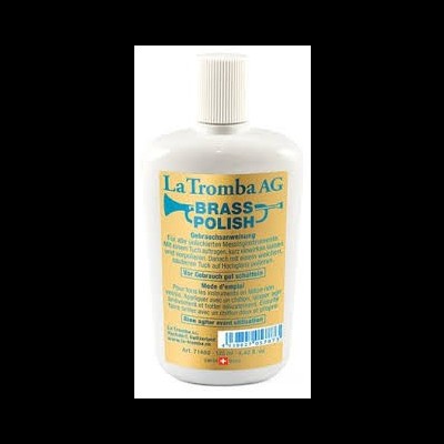 Frasco branco de polidor para latão La Tromba AG Brass Polish com rótulo amarelo