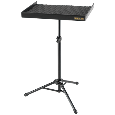 Mesa de suporte preta ajustável com pernas em tripé e superfície texturizada