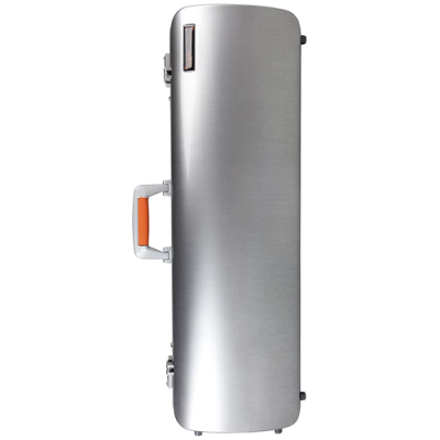 Estojo prateado para instrumento musical com alça laranja e fechos metálicos