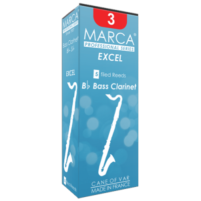 Caixa azul de palhetas Marca Excel para clarinete baixo com texto e ilustração