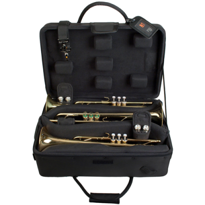 Duas trompetas douradas num estojo preto acolchoado aberto