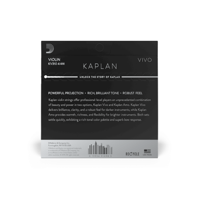 Embalagem preta e branca de cordas para violino Kaplan Vivo, texto em inglês, código de barras e símbolo de reciclagem