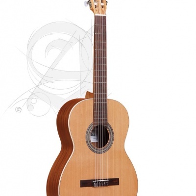 Guitarra clássica em madeira clara e escura com seis cordas num fundo branco