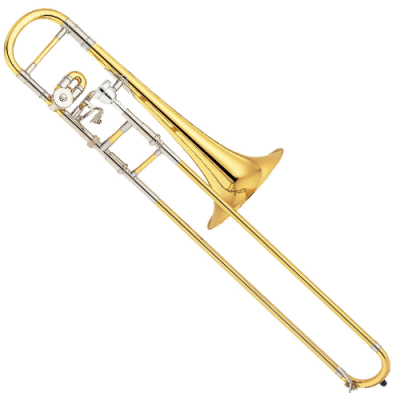 Trombone dourado e prateado com válvula de pistão em fundo branco