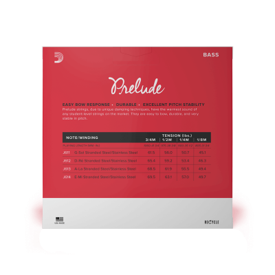 Embalagem vermelha e cinza de cordas para contrabaixo Prelude com especificações técnicas impressas