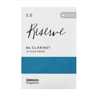 Embalagem branca e azul de palhetas para clarinete Bb da marca DAddario Organics.