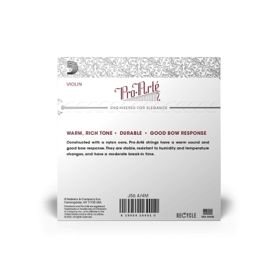 Embalagem de cordas para violino Pro-Arte branca com texto e padrão ornamental cinza