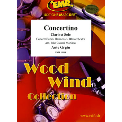 Capa de partitura musical 'Concertino Clarinet Solo' com fundo vermelho e detalhes em amarelo e roxo