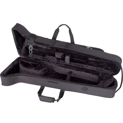 Estojo preto para instrumento musical com interior almofadado em veludo preto aberto