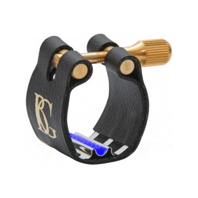 Abraçadeira de instrumento musical em metal dourado e couro preto com monograma BG
