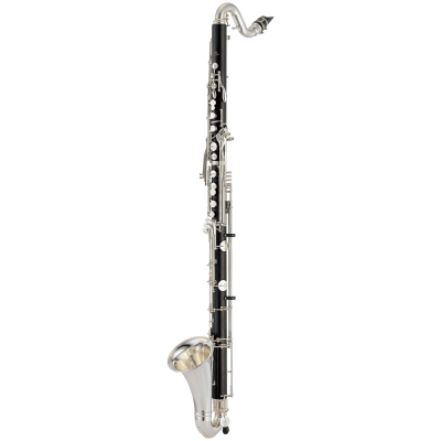 Clarinete baixo preto com detalhes prateados