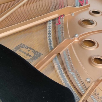 Interior de um piano de cauda com cordas e suporte preto