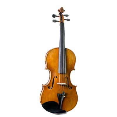 Violino clássico de madeira castanha com quatro cordas e queixeira preta