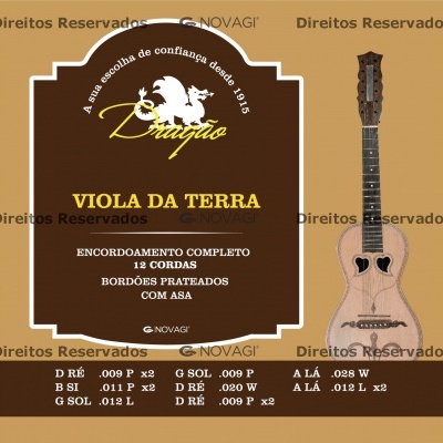 Rótulo de Viola da Terra Dragão com viola de madeira clara de 12 cordas e buracos em formato de coração.