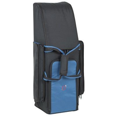 Mochila preta e azul com vários compartimentos