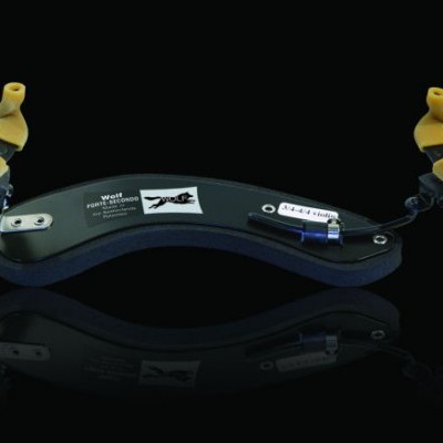 Espaçador para violino preto com apoios amarelos e etiquetas visíveis