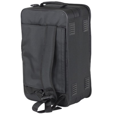 Mala mochila de viagem preta em tecido com alças e ventilação nas laterais