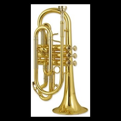 Trompete dourado com três pistões e detalhes prata