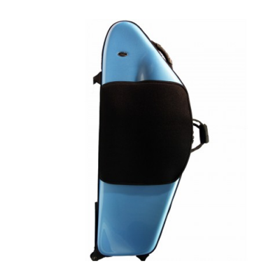 Mala de viagem rígida azul com painel negro central e alças