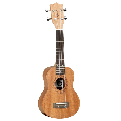 Ukulele de madeira castanha com braço escuro e cravelhas metálicas