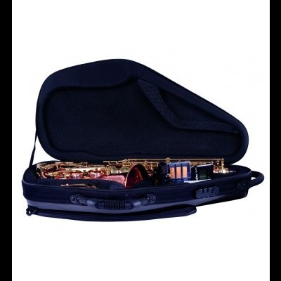 Estojo preto aberto com saxofone tenor dourado brilhante