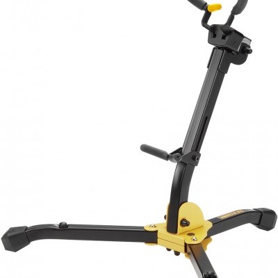 Suporte para guitarra preto e amarelo dobrável com acolchoamento no apoio.