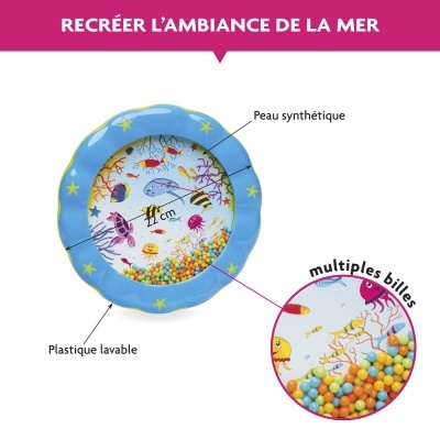 Brinquedo redondo azul com bolinhas coloridas e texto em francês.