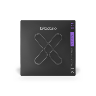 Embalagem cinza escura de cordas para guitarra clássica D'Addario XT com texto roxo e branco