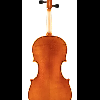 Violino em madeira castanho-laranja visto de costas