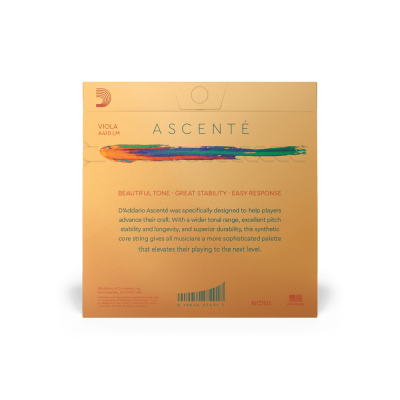 Embalagem amarela de cordas para viola D'Addario Ascente com texto e linha colorida