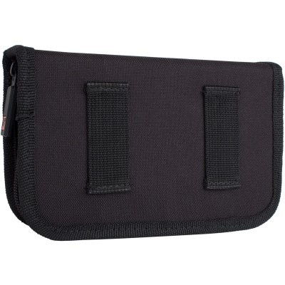 Estojo ou bolsa pequena preta com duas fitas verticais no verso