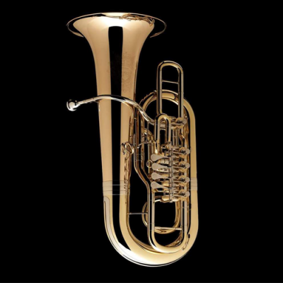 Instrumento musical tuba dourado com fundo preto