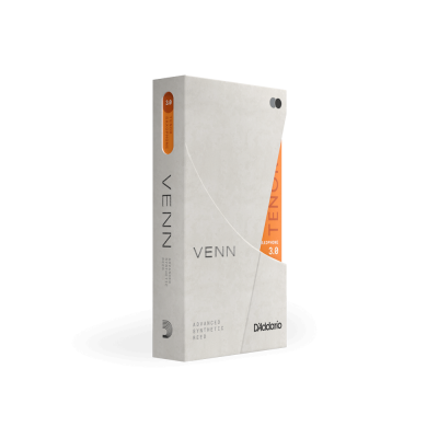 Embalagem cinzenta clara de cordas VENN da D'Addario com detalhes laranja