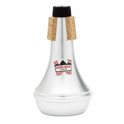 Surdina metálica prateada para trompete com tirantes de cortiça e autocolante DENIS WICK LONDON