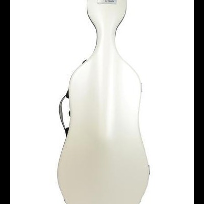 Estojo rígido branco para violoncelo com alça preta e etiqueta na parte superior