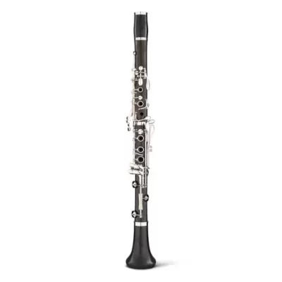 Clarinete preto com detalhes metálicos prateados