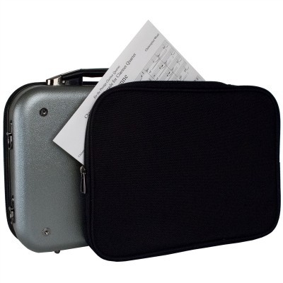 Mala rígida cinza com bolsa preta e folha de música