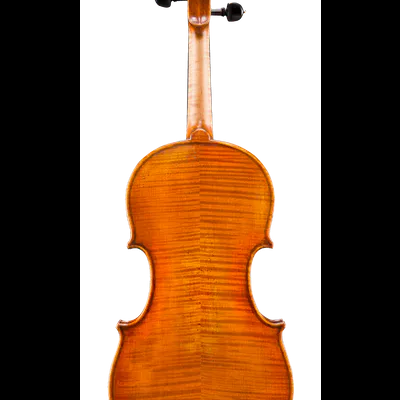 Violino de madeira castanho com cravelhas pretas visto de trás