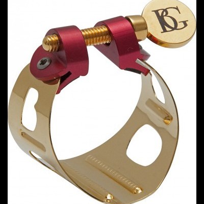 Abraçadeira metálica dourada com parafuso vermelho e manopla dourada com letras BG