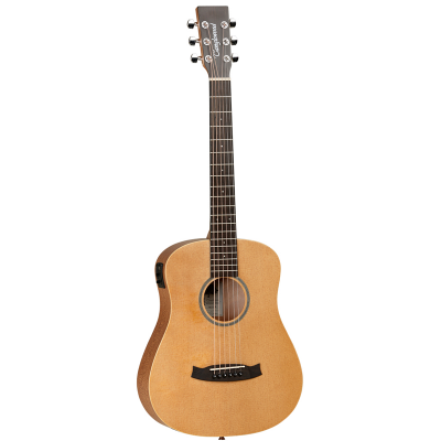 Guitarra acústica de madeira clara com braço escuro e 6 cordas