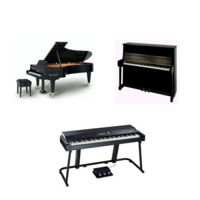 Três tipos diferentes de pianos pretos sobre fundo branco