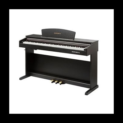 Piano digital preto com 88 teclas e pedais dourados