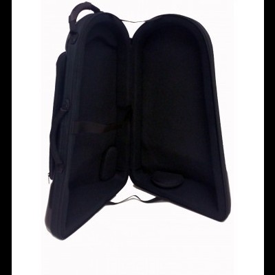 Estojo rígido preto aberto com interior almofadado para instrumento