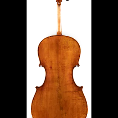 Violoncelo de madeira castanha visto de trás