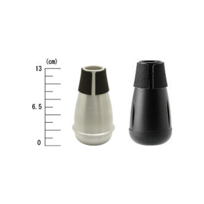 Dois protetores de ponta para instrumentos musicais, um bege e um preto, com régua à esquerda em cm