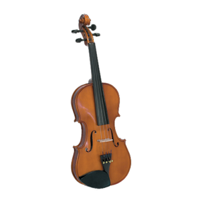 Violino de madeira castanho claro com quatro cordas e queixeira preta