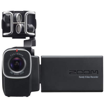 Gravador de vídeo portátil preto ZOOM com lente, microfone e visor LCD